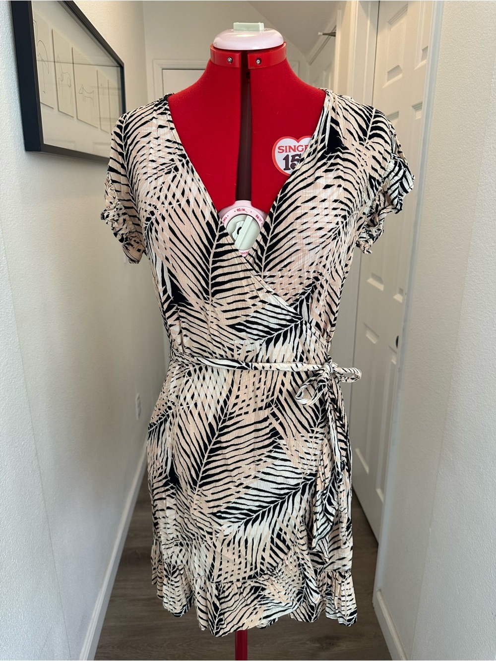 Billabong Beige and Black Palm-Print Wrap Mini Dress, Size Medium